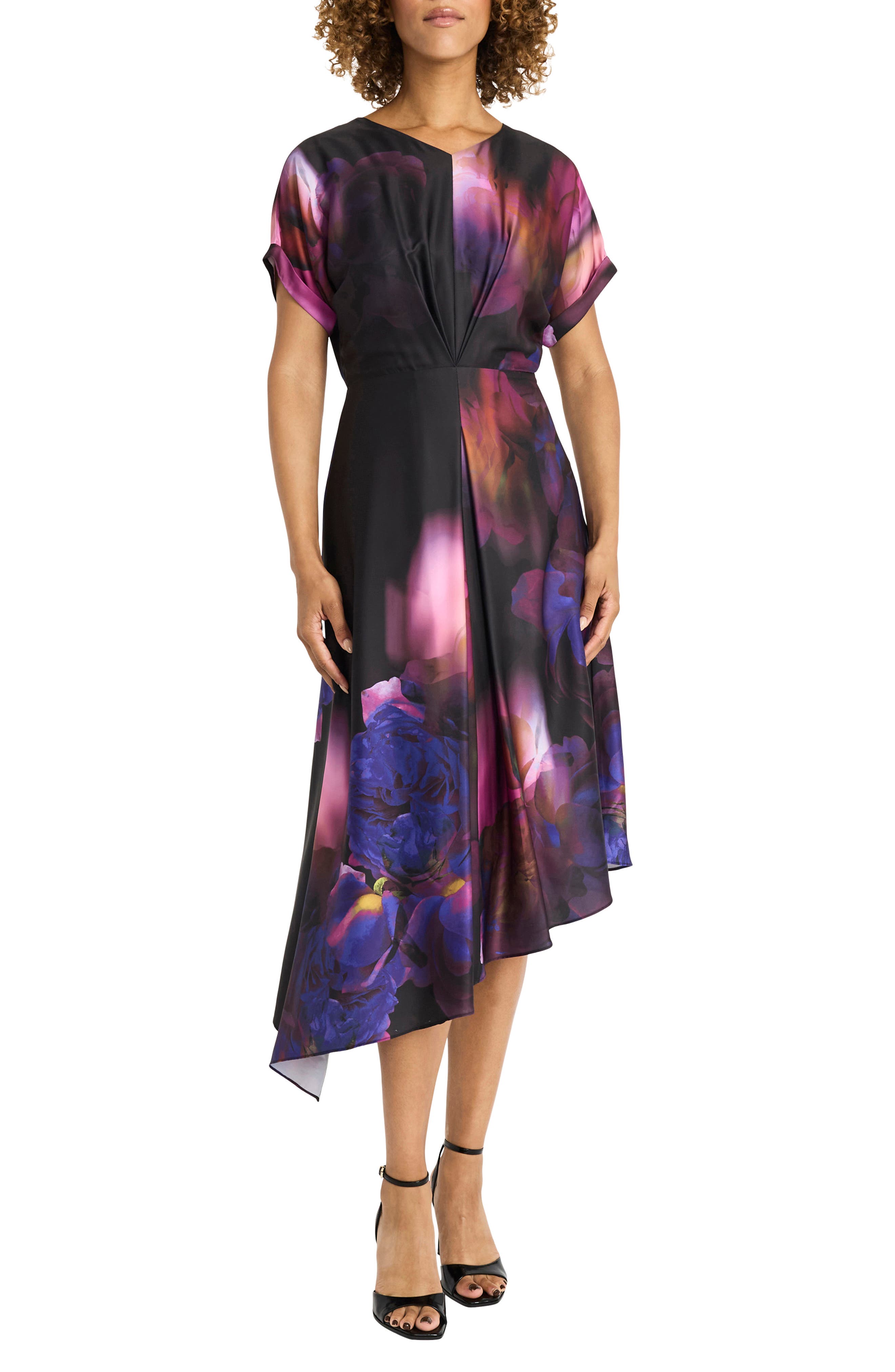 Maggy London Floral Print Pleat Front Asymmetric Midi Dress in Black/Peacock Pink 