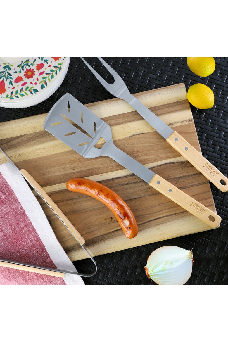 Barbecue Plus 3 Piece Barbecue Tool Set with Rubberwood Handles, Alternate, color, Brown