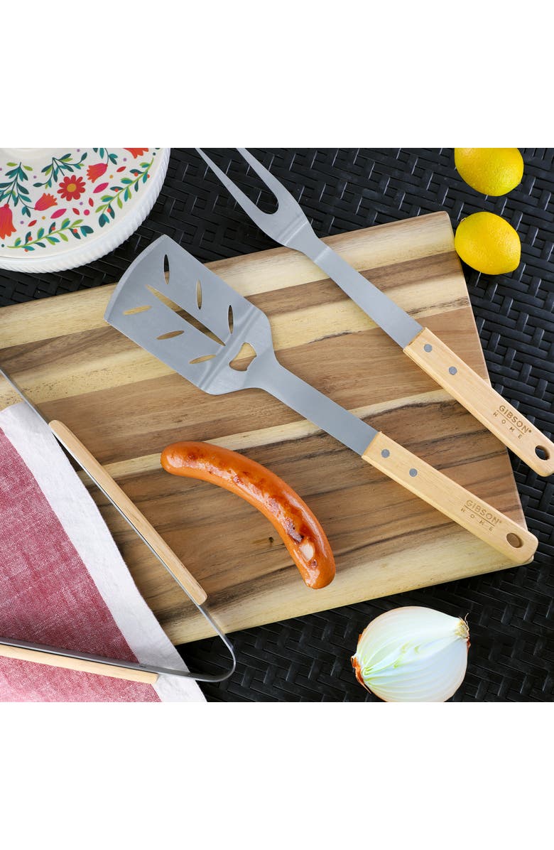 Gibson Home Barbecue Plus 3 Piece Barbecue Tool Set with Rubberwood Handles, Alternate, color, Brown