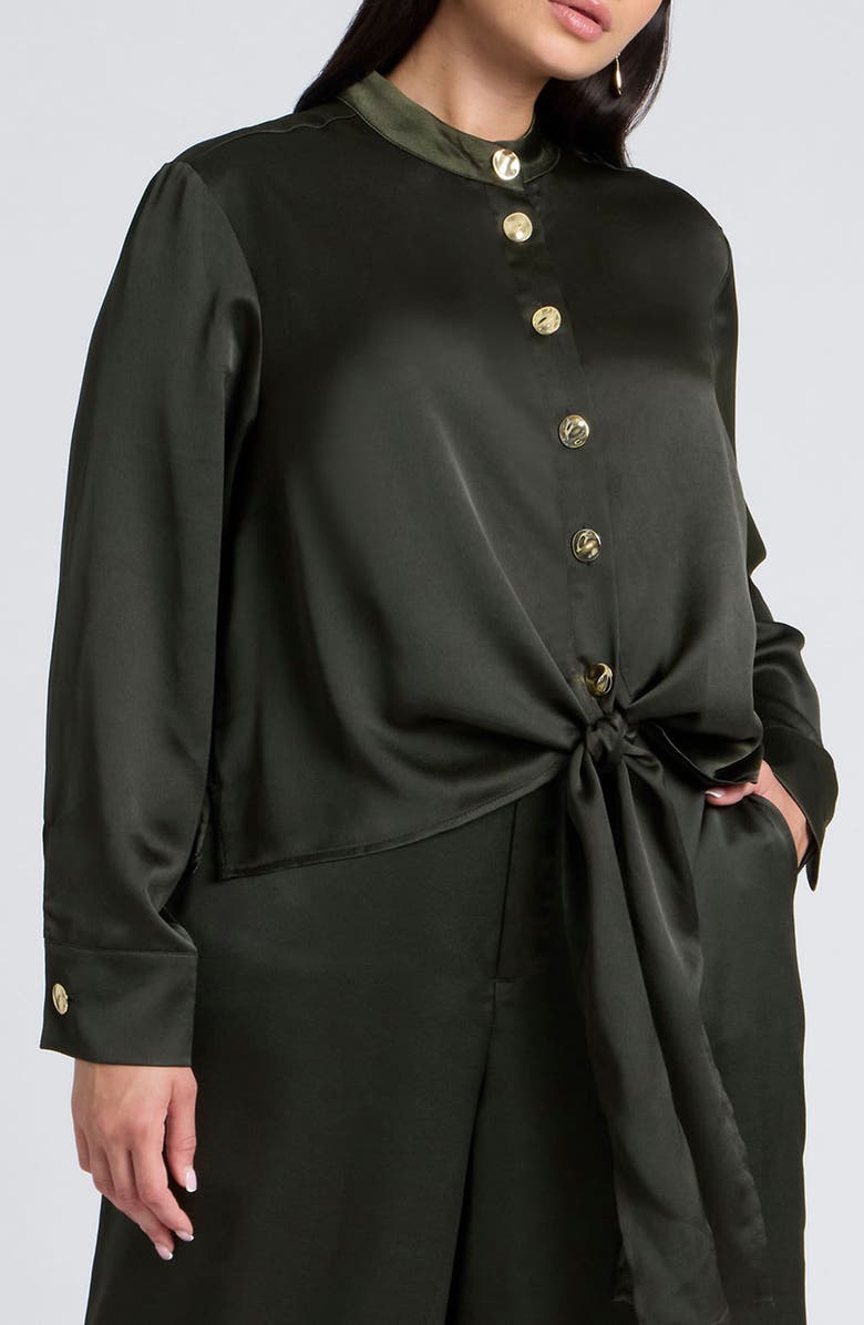 ELOQUII Band Collar Tie Front Satin Shirt, Main, color, 