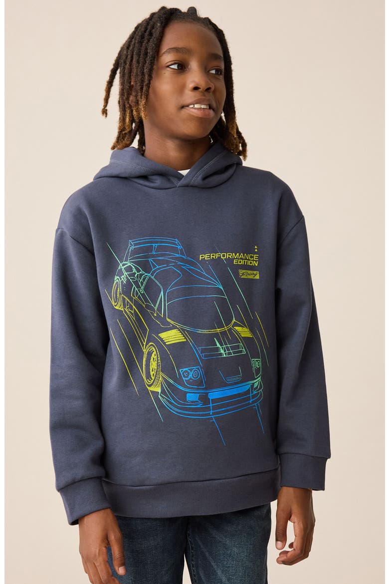 Kids' Car Cotton Blend Graphic Hoodie, Main, color, BLUE