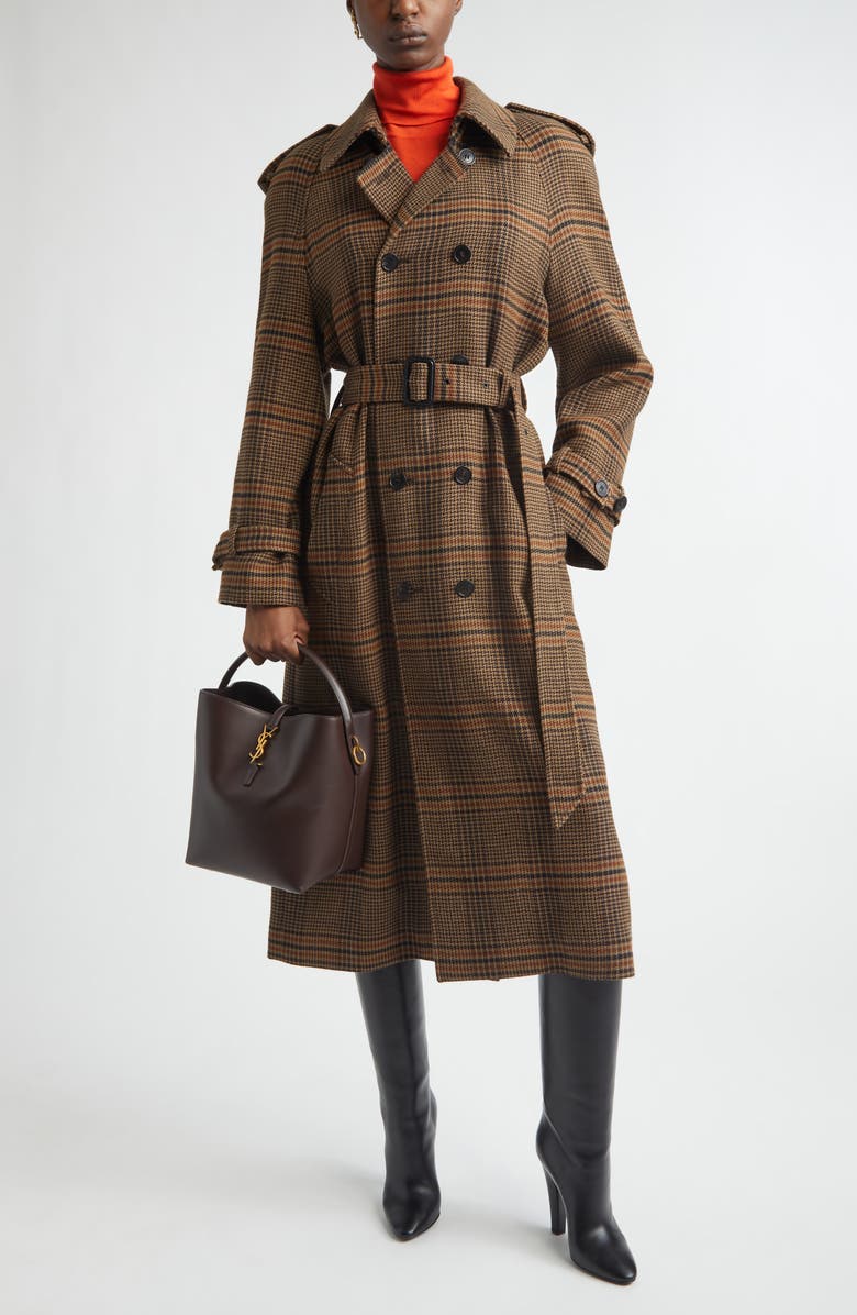 Saint Laurent Prince of Wales Wool Trench Coat, Main, color, Marron/ Beige/ Roux