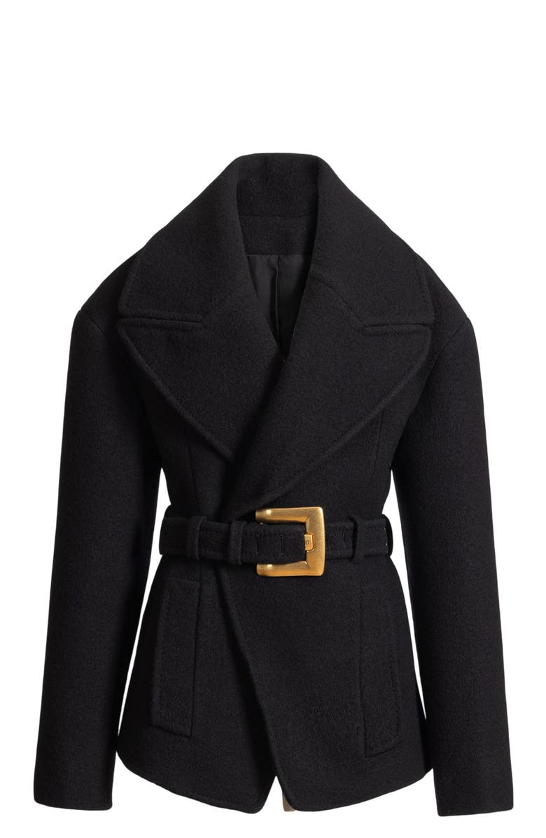 Balmain Belted wool pea coat, Alternate, color, Black