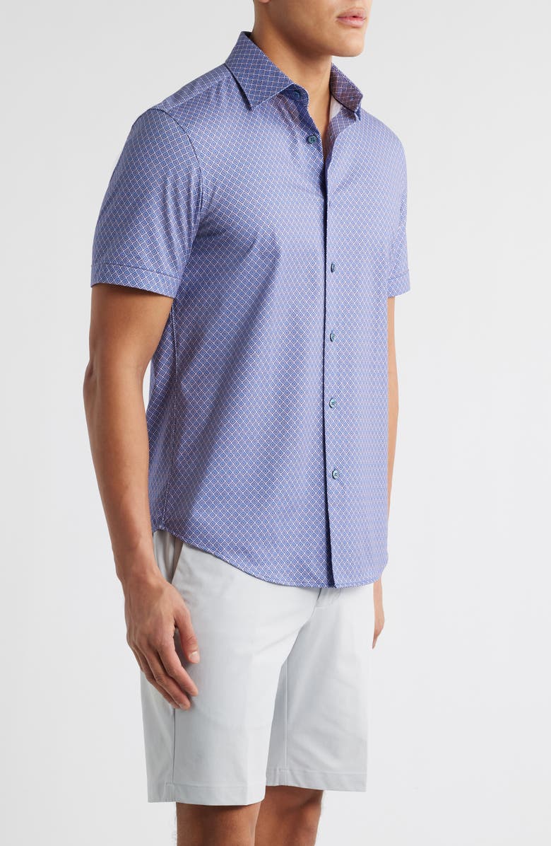 Bugatchi Miles OoohCotton<sup>®</sup> Geometric Print Short Sleeve Button-Up Shirt, Alternate, color, Peacock