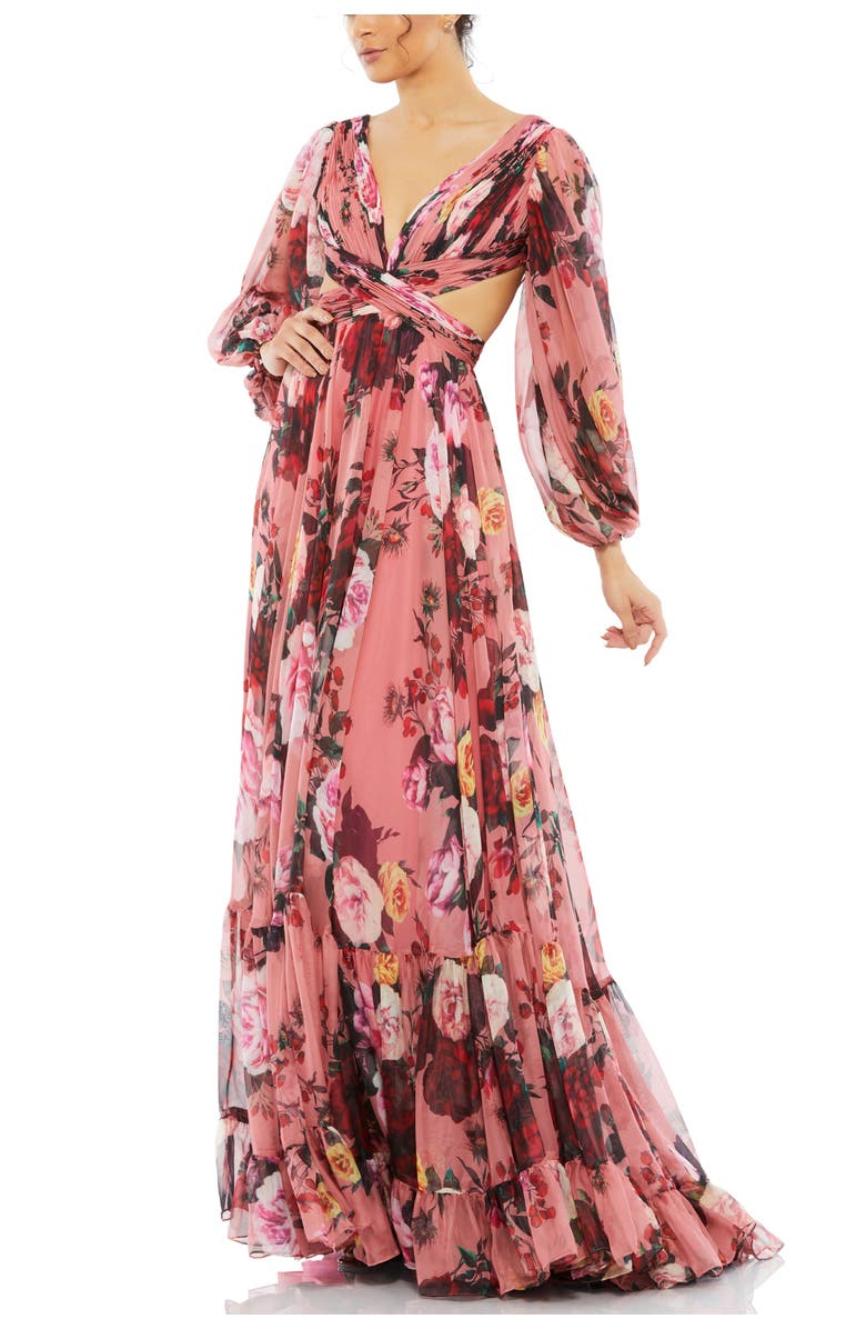 Mac Duggal Open Back Floral Blouson Sleeve Dress, Main, color, Rose Multi