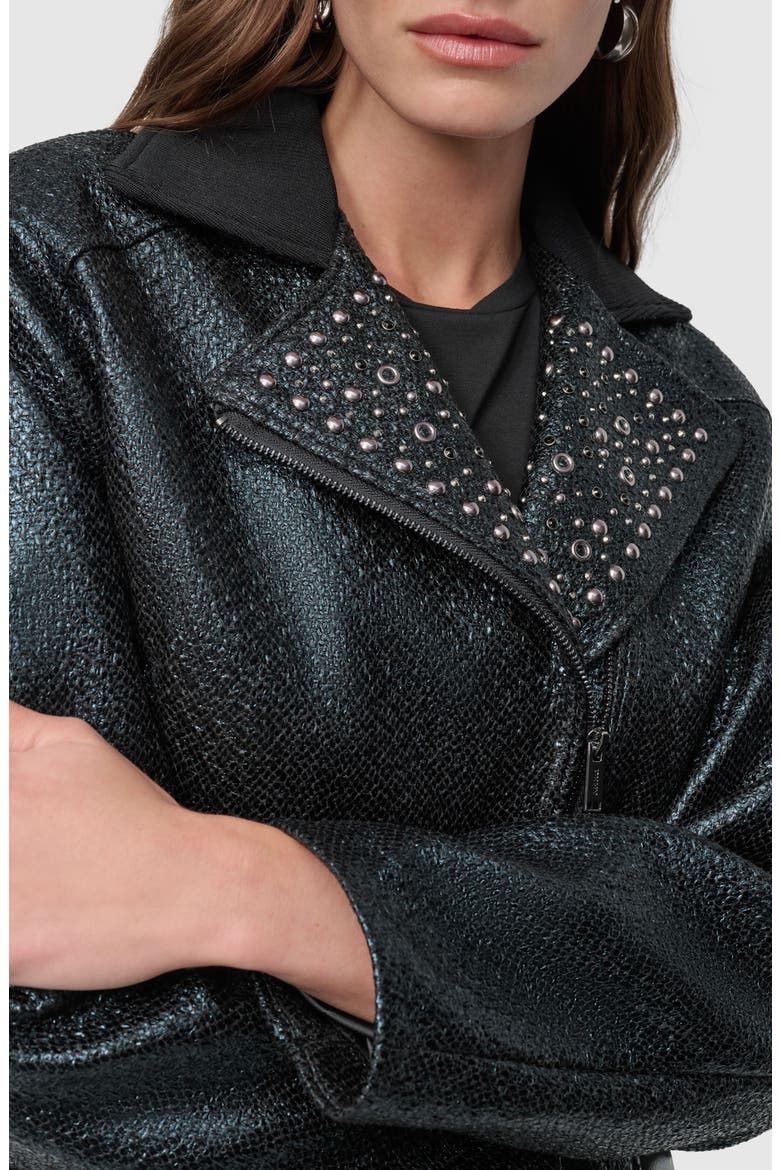 Foil Tweed Moto Jacket, Alternate, color, BLACK