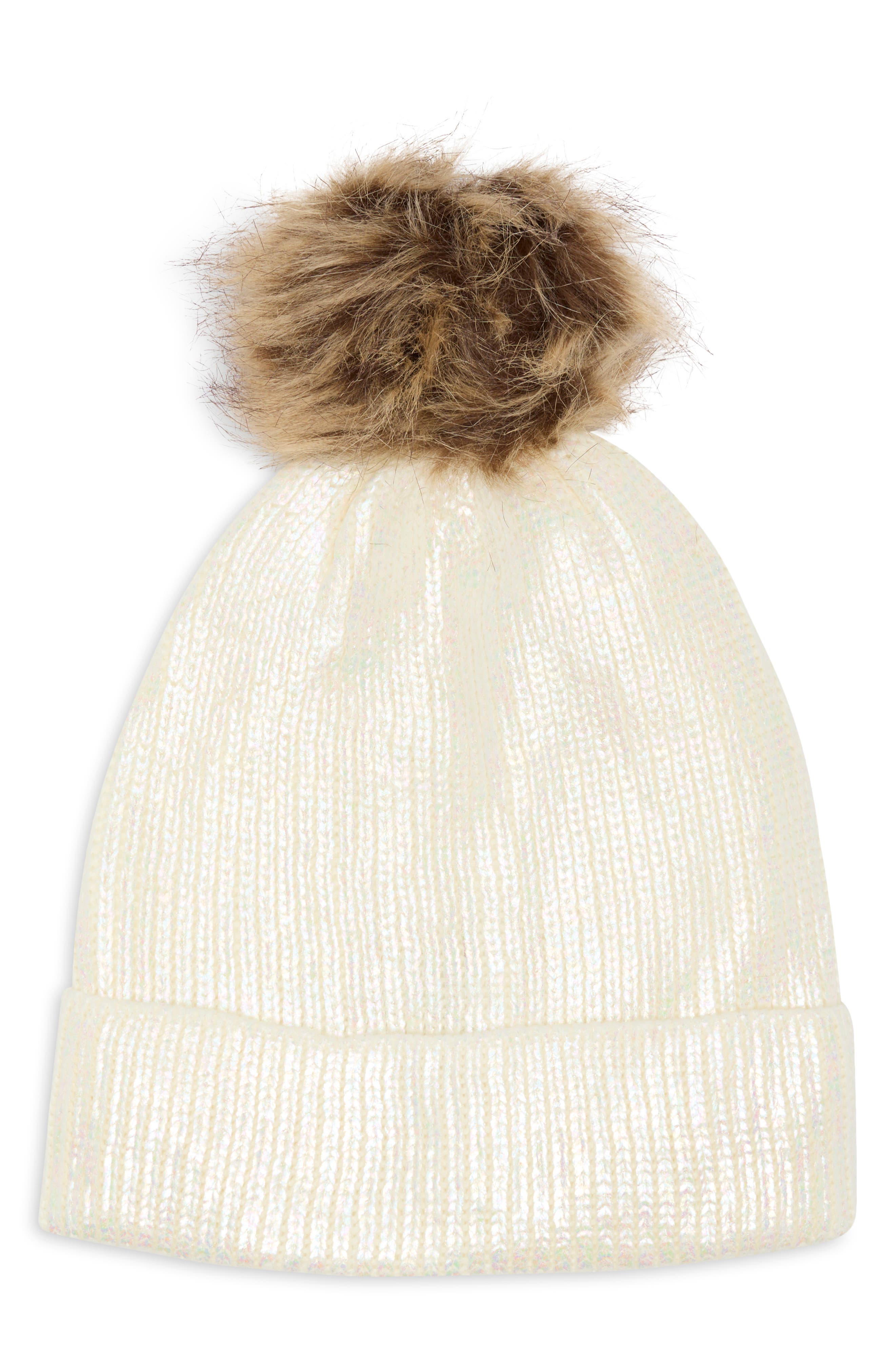The Accessory Collective Kids' Metallic Faux Fur Pom Beanie in White 