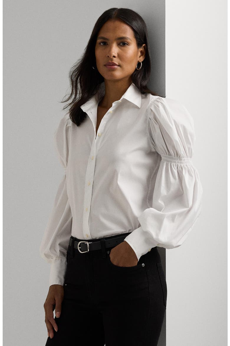 Blouson Sleeve Cotton Blend Shirt, Alternate, color, WHITE