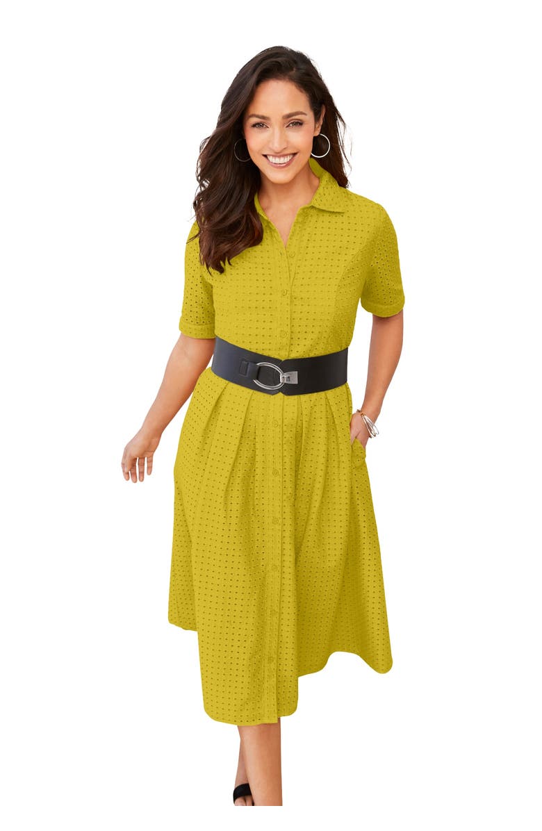 Jessica London Eyelet Shirt Dress, Main, color, Golden Citrus