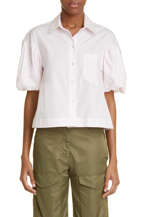 Puff Sleeve Cotton Crop Button-Up Shirt