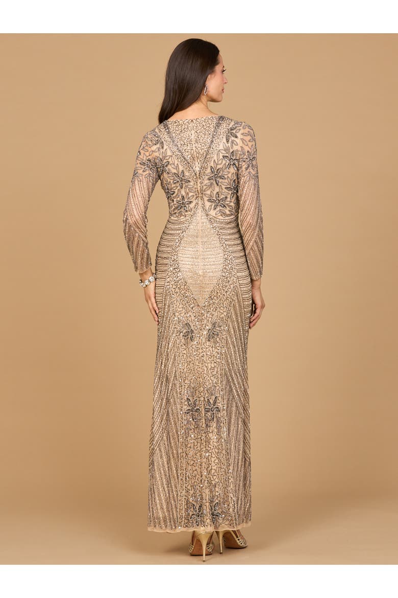 Long Sleeve Beaded Maxi Gown, Alternate, color, Nude