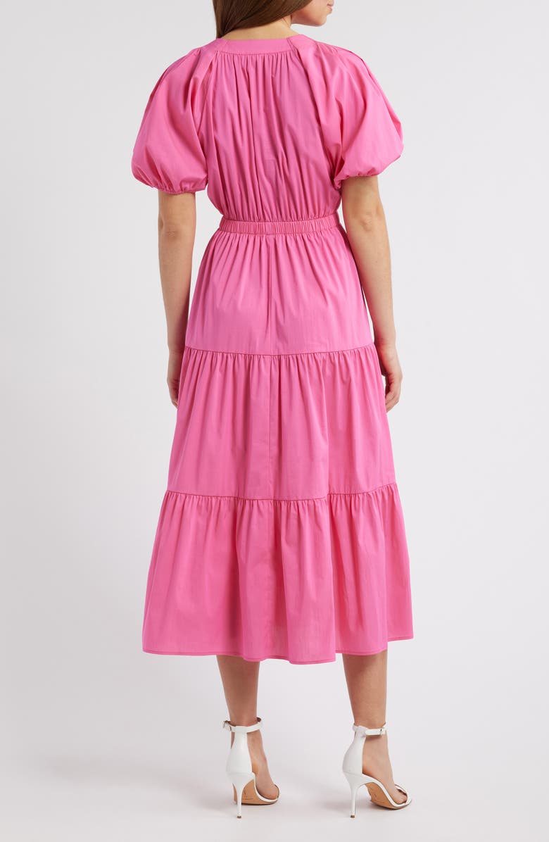 Anne Klein Tiered Puff Sleeve Midi Dress, Alternate, color, Carmine Rose