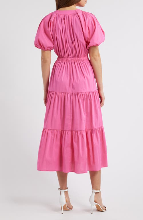 Anne Klein Tiered Puff Sleeve Midi Dress In Carmine Rose