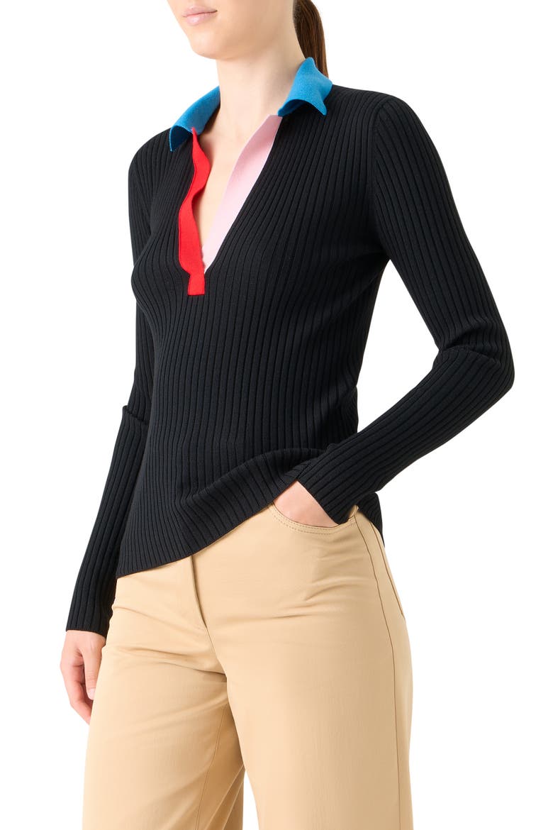 Contrast Collar Virgin Wool Polo Sweater, Alternate, color, BLACK-MULTI