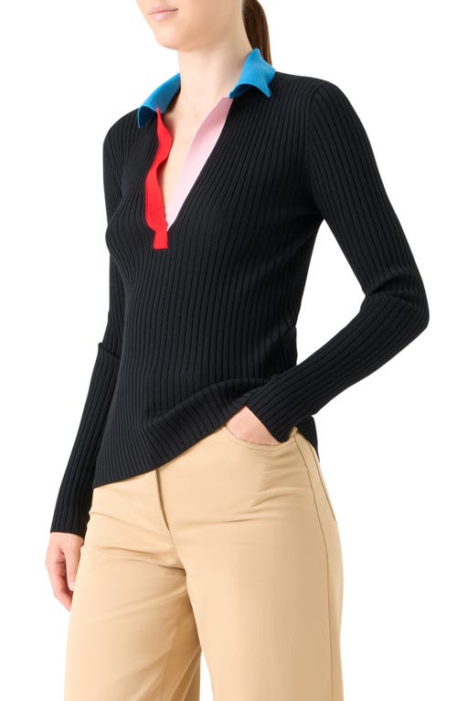 Akris Punto Contrast Collar Virgin Wool Polo Sweater In Black