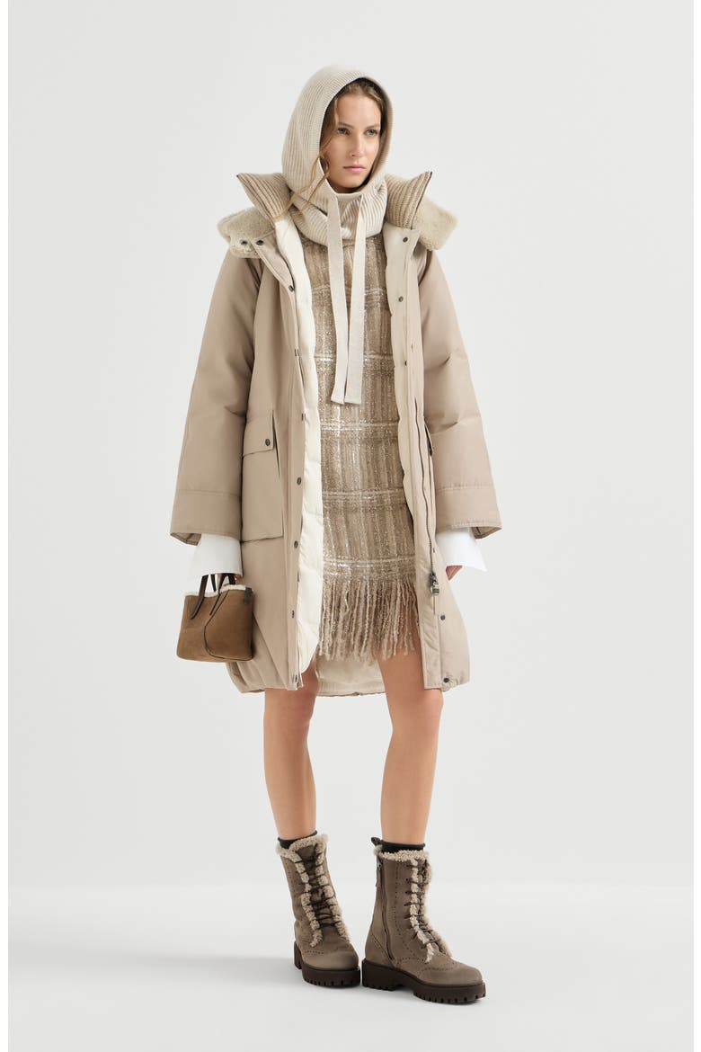 Techno cotton taffeta belted down coat with detachable shearling hood and shiny zipper pull, Alternate, color, Beige