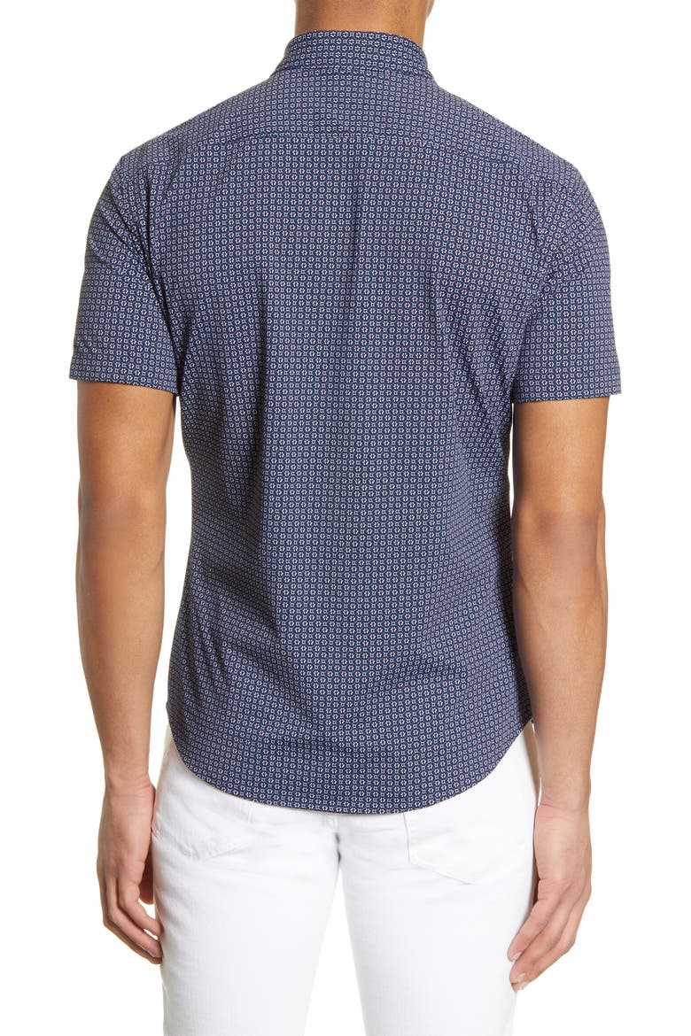 Robb Slim Fit Mini Floral Short Sleeve Button-Up Performance Shirt, Alternate, color, NAVY