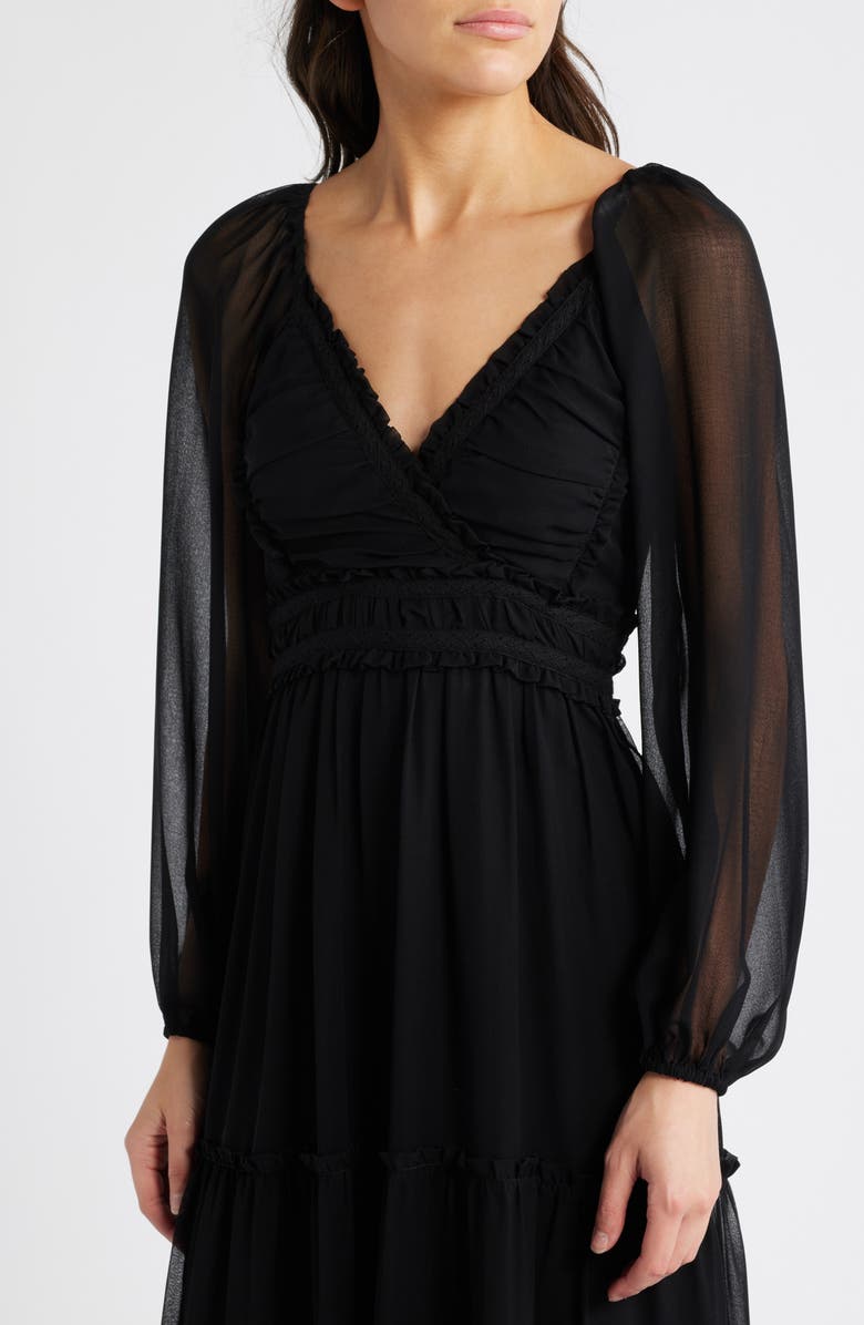 bebe Lace-Up Back Long Sleeve Chiffon Midi Dress, Alternate, color, Black