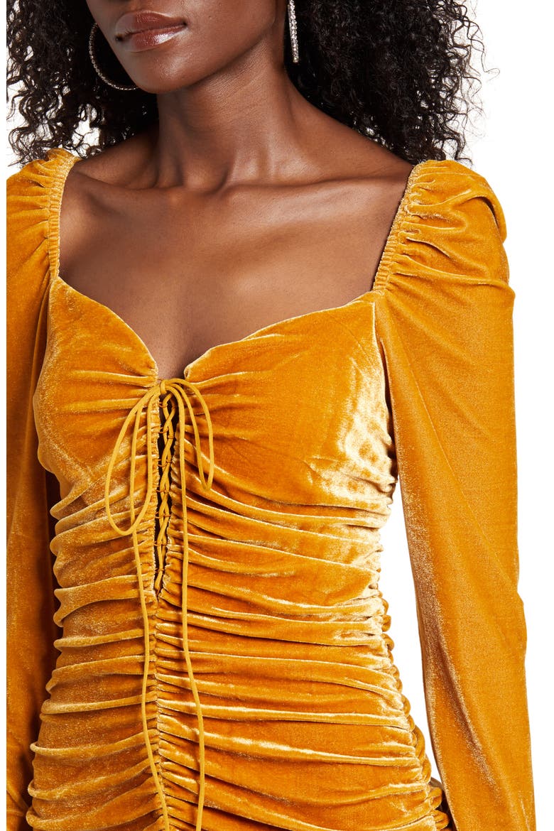 Ruched Long Sleeve Velvet body-Con Dress, Alternate, color, YELLOW