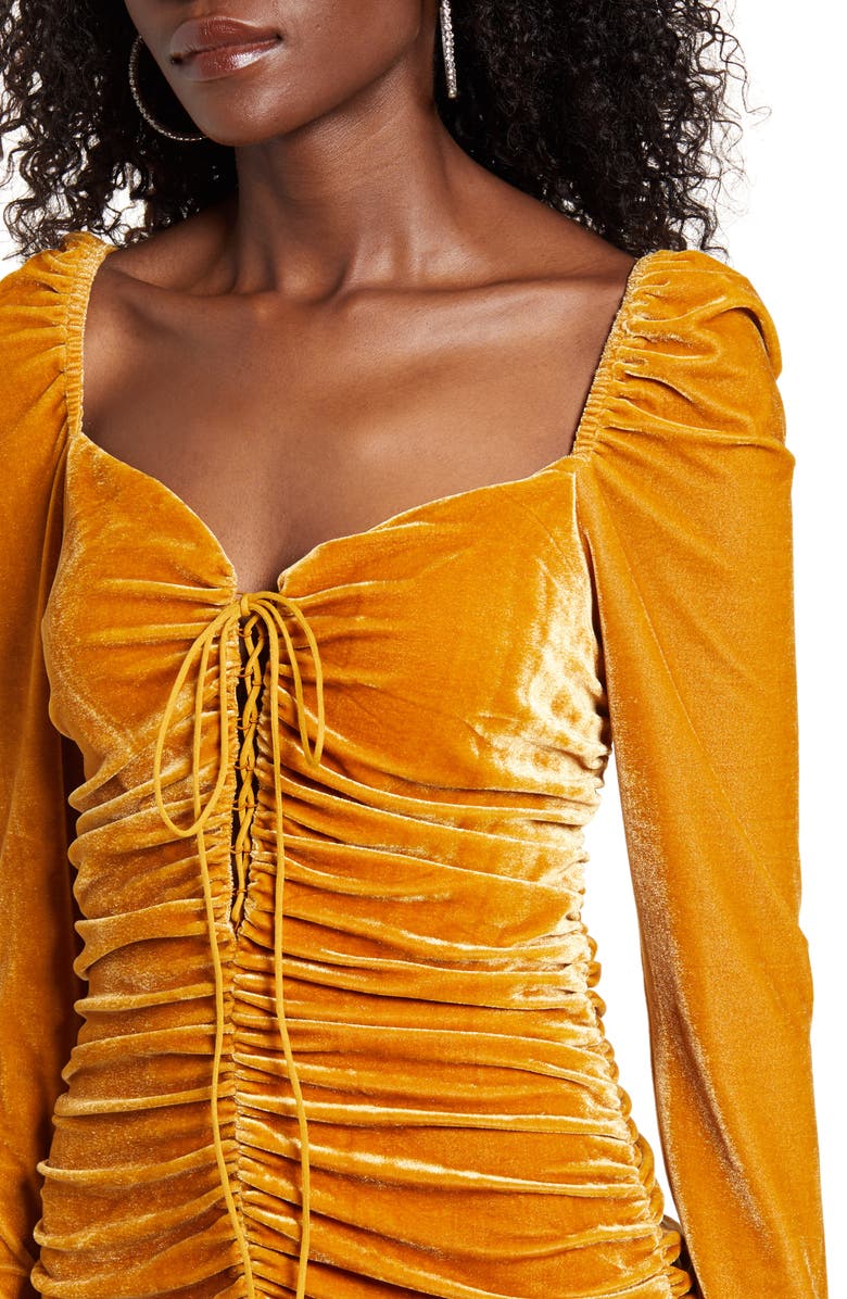 Endless Rose Ruched Long Sleeve Velvet body-Con Dress, Alternate, color, Yellow