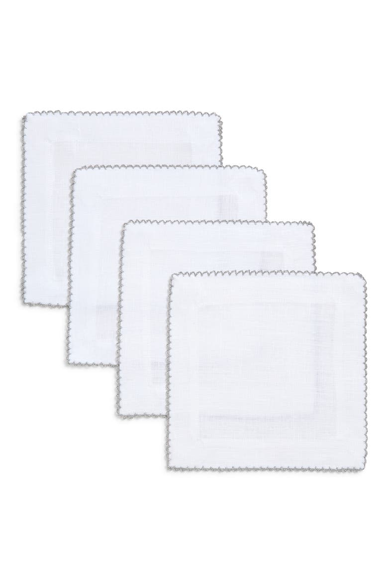 Picot Edge Set of 4 Linen Cocktail Napkins, Main, color, SILVER
