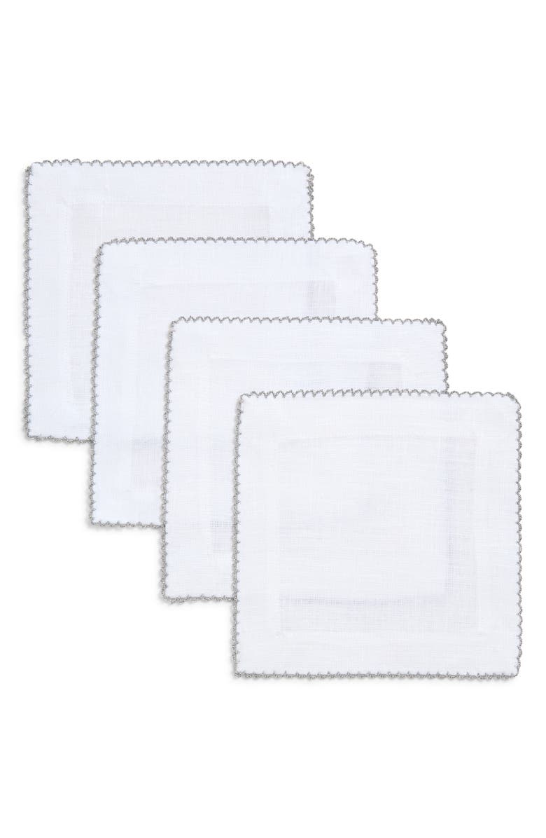 Tina Chen Designs Picot Edge Set of 4 Linen Cocktail Napkins, Main, color, Silver