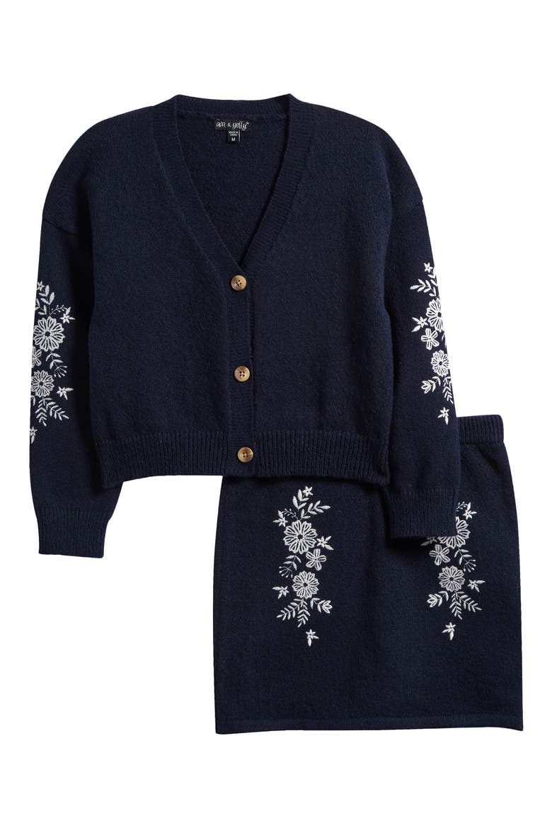 Kids' Embroidered Cardigan & Skirt Set, Main, color, NAVY