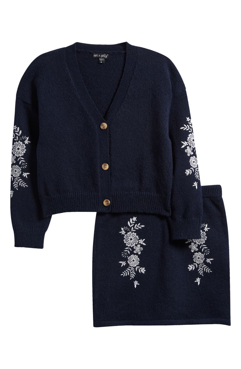 Ava 
Yelly Kids
 Embroidered Cardigan 
Skirt Set, Main, color, Navy