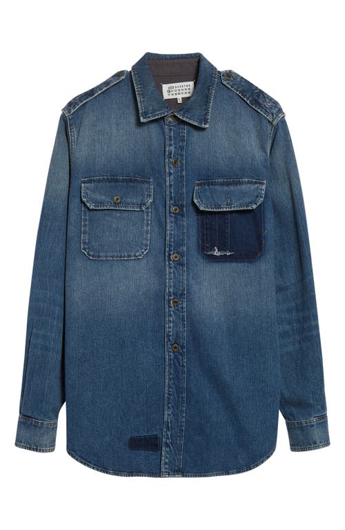 Maison Margiela Used-effect Cotton Denim Shirt With Unique Badges In Blue