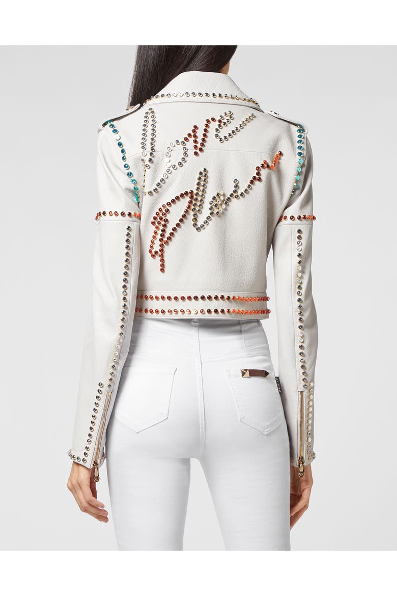Leather Biker Cropped Crystal Stones With Crystals Women, Alternate, color, white