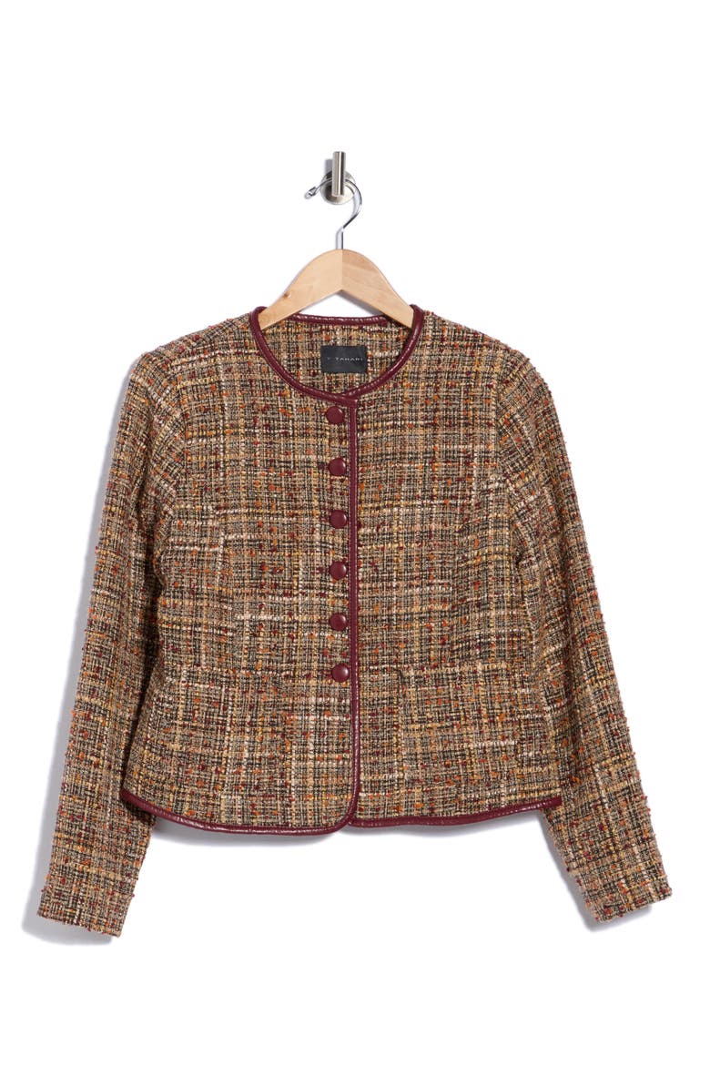 Tweed Crop Jacket with Faux Leather Trim, Main, color, MULTI BROWN TWEED