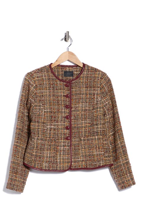 Tweed Crop Jacket with Faux Leather Trim
