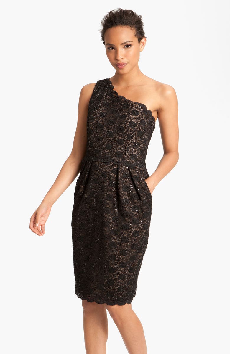 Alex Evenings One Shoulder Lace Sheath Dress, Main, color, 