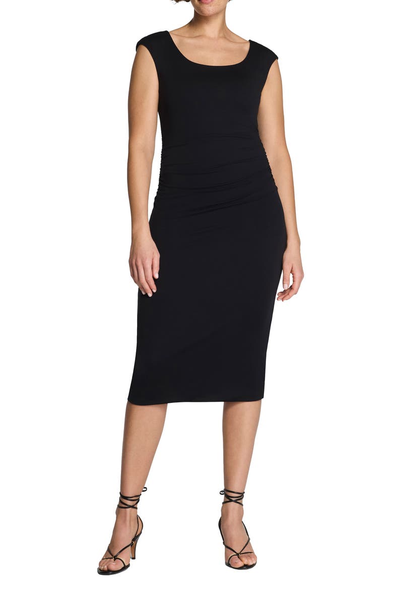 Ruched Scoop Neck Midi Dress, Main, color, CLASSIC BLACK