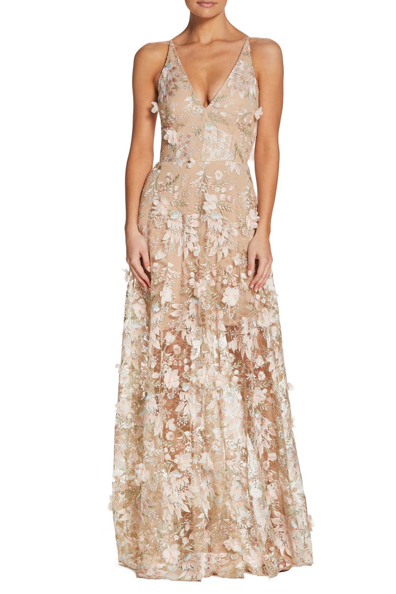 Sidney Deep V-Neck 3D Lace Gown, Main, color, PINK FLORAL
