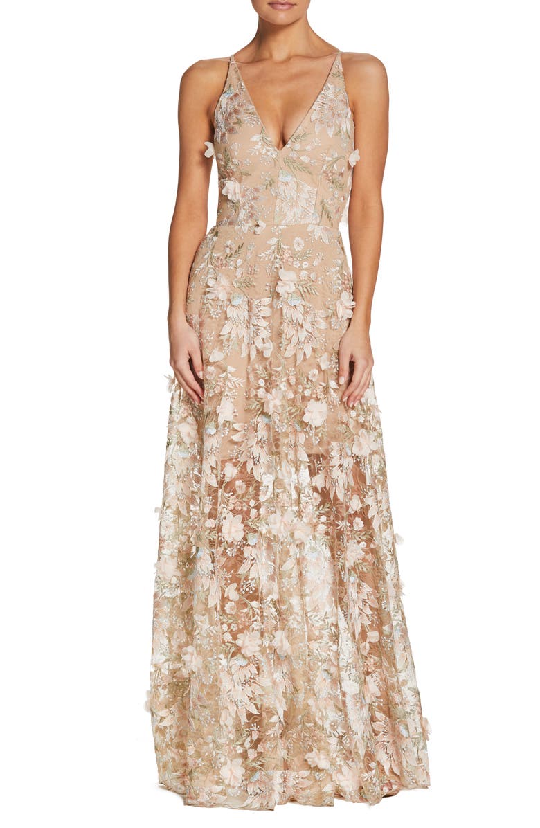 Dress the Population Sidney Deep V-Neck 3D Lace Gown, Main, color, Pink Floral