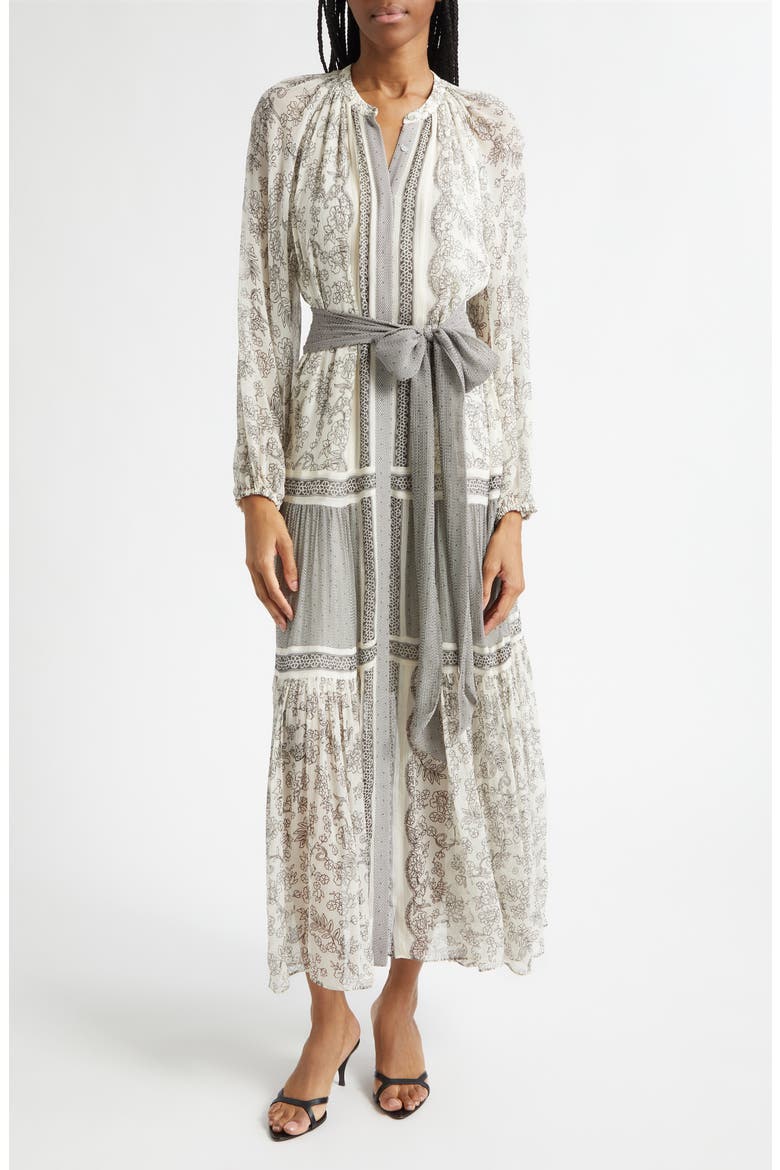 Halley Mixed Print Long Sleeve Silk Dress, Main, color, BONE/ BLACK FLORAL