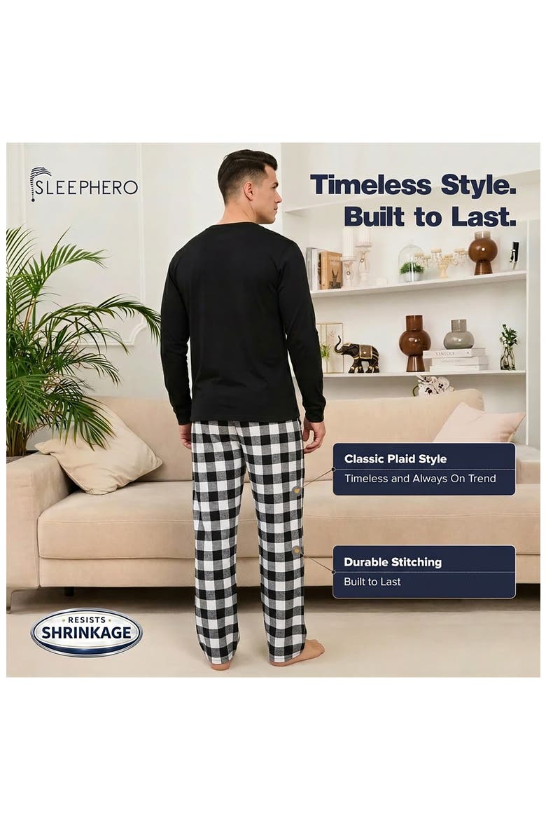 Henley & Flannel Pant Pajama Set, Alternate, color, WHITE AND BLACK BUFFALO CHECK