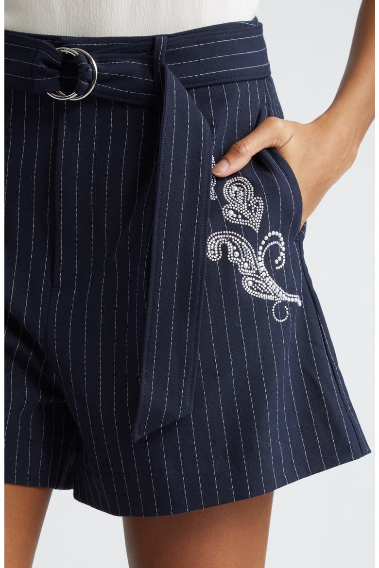 Rebecca Beaded Paisley Detail Pinstripe Shorts, Alternate, color, NAVY/IVORY