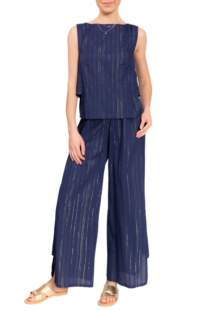 Everyday Ritual Piper Metallic Stripe Cotton Pajamas, Main, color, Midnight Shimmer