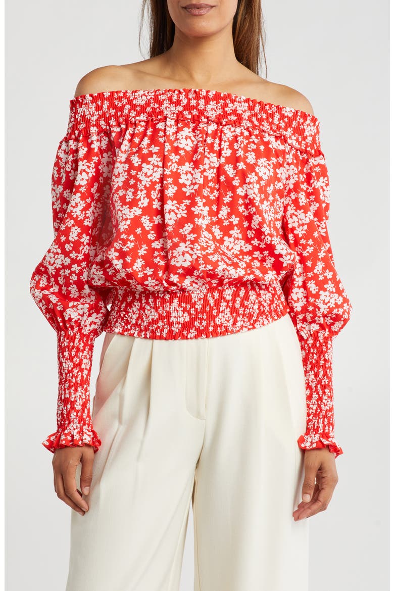 Smocked Off-the-Shoulder Top, Main, color, RED