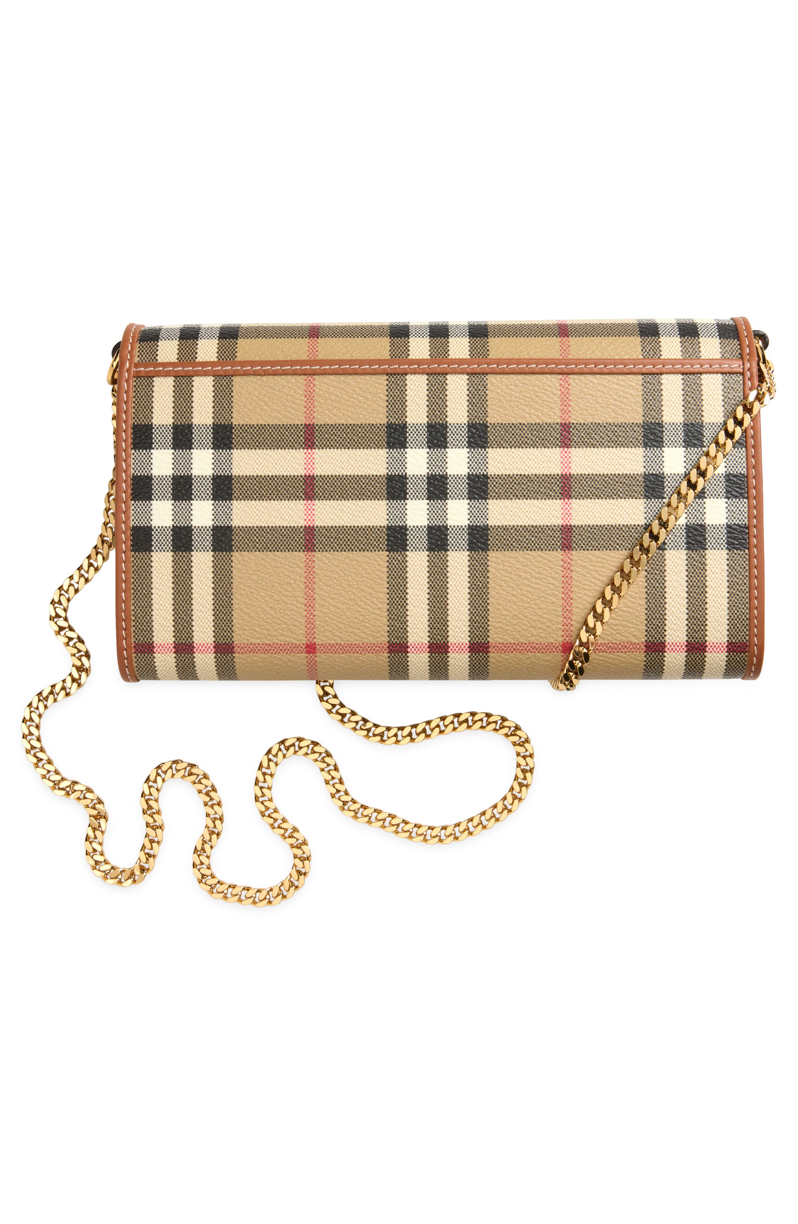 Hannah Check Coated Canvas Wallet on a Chain, Alternate, color, VNTG CHK/ BRIAR BROWN