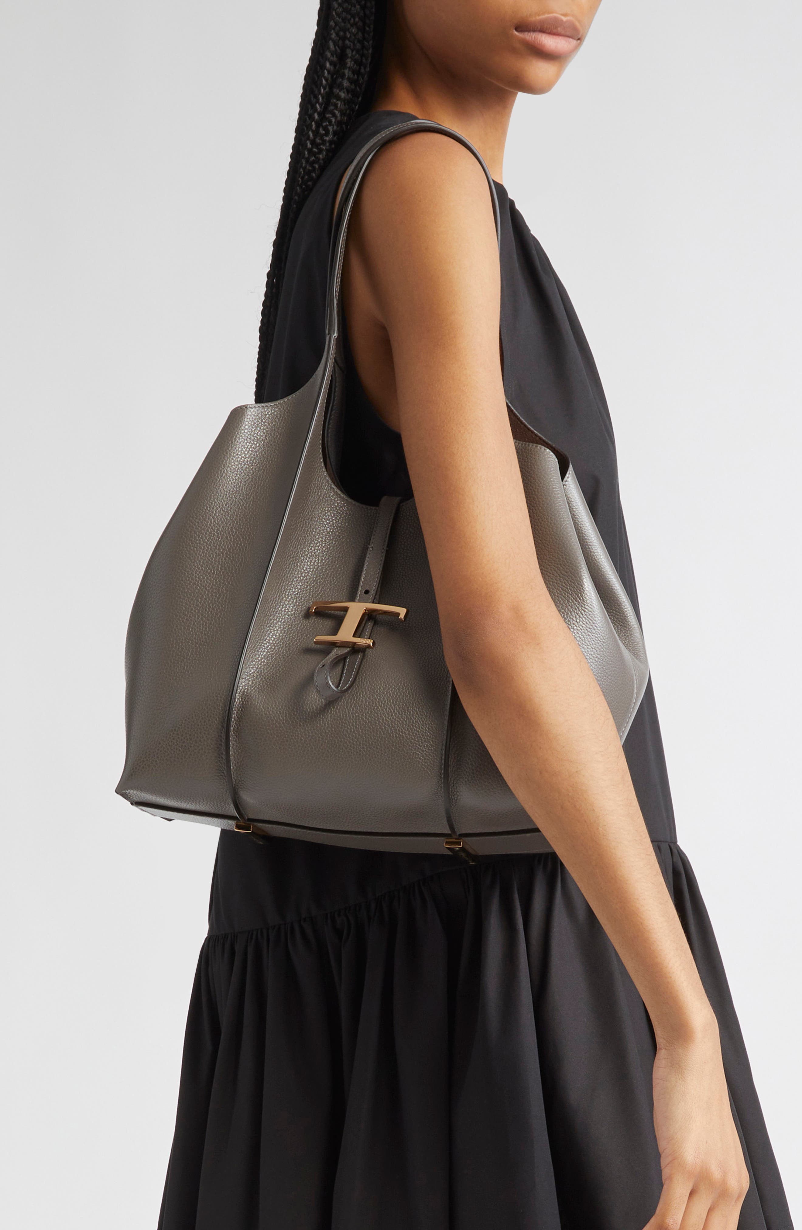 Tod's Small Logo Leather Shopper Tote, Alternate, color, Grigio Scuro