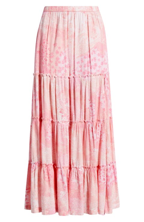 Tiered Linen Blend Crinkled Gauze Maxi Skirt