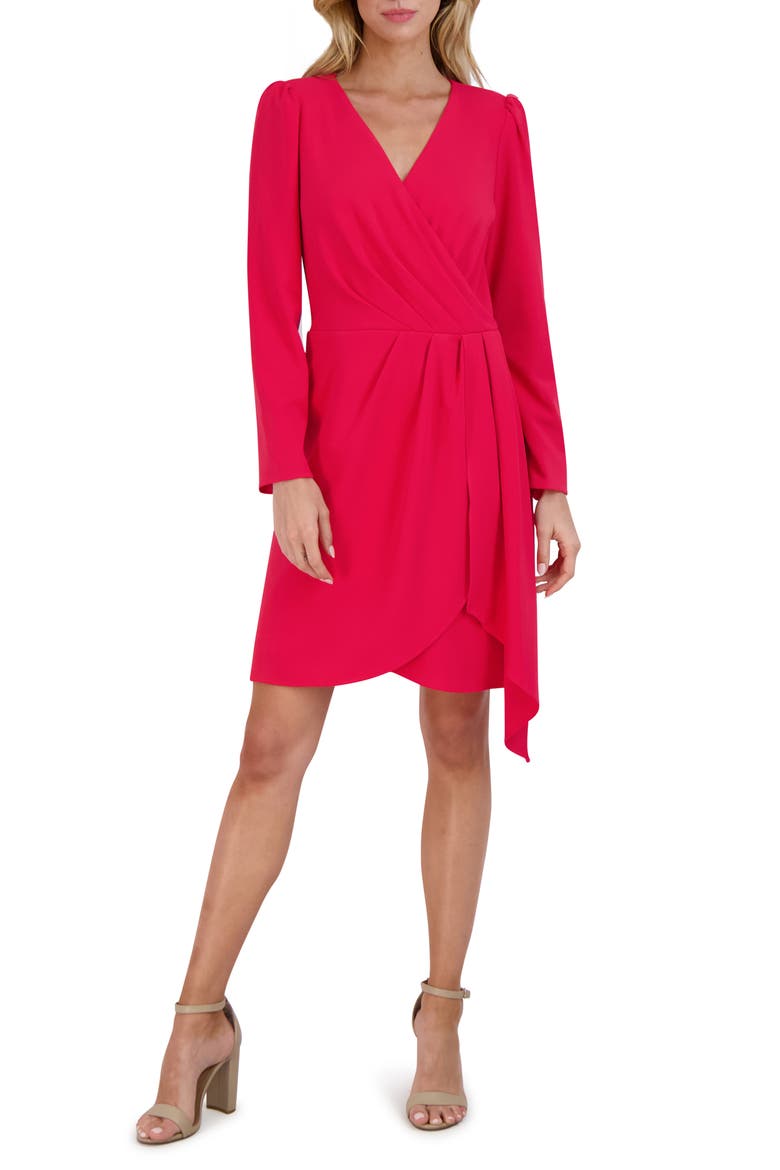 Pleated Long Sleeve Dress, Main, color, CHERRY
