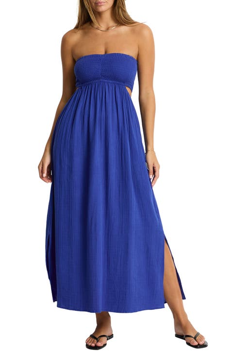 Smocked Bodice Cotton Seersucker Cover-Up Dress