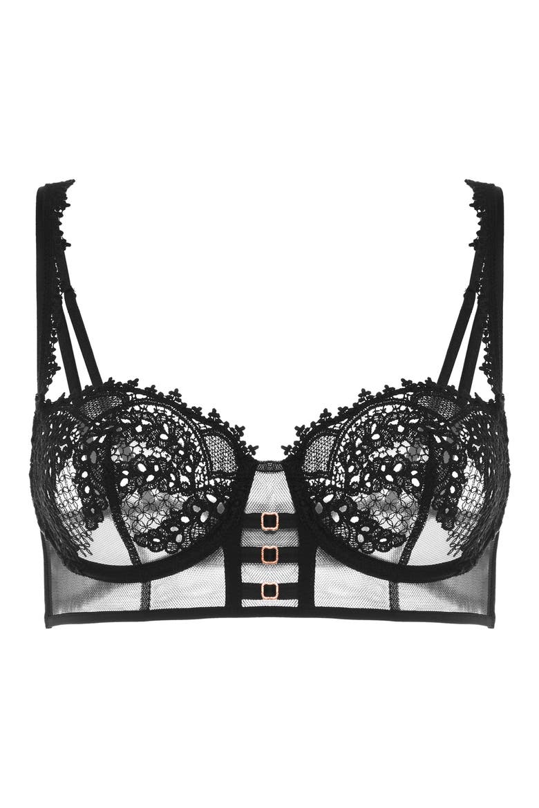 Mystic Underwire Embroidered Mesh Demi Bra, Alternate, color, BLACK