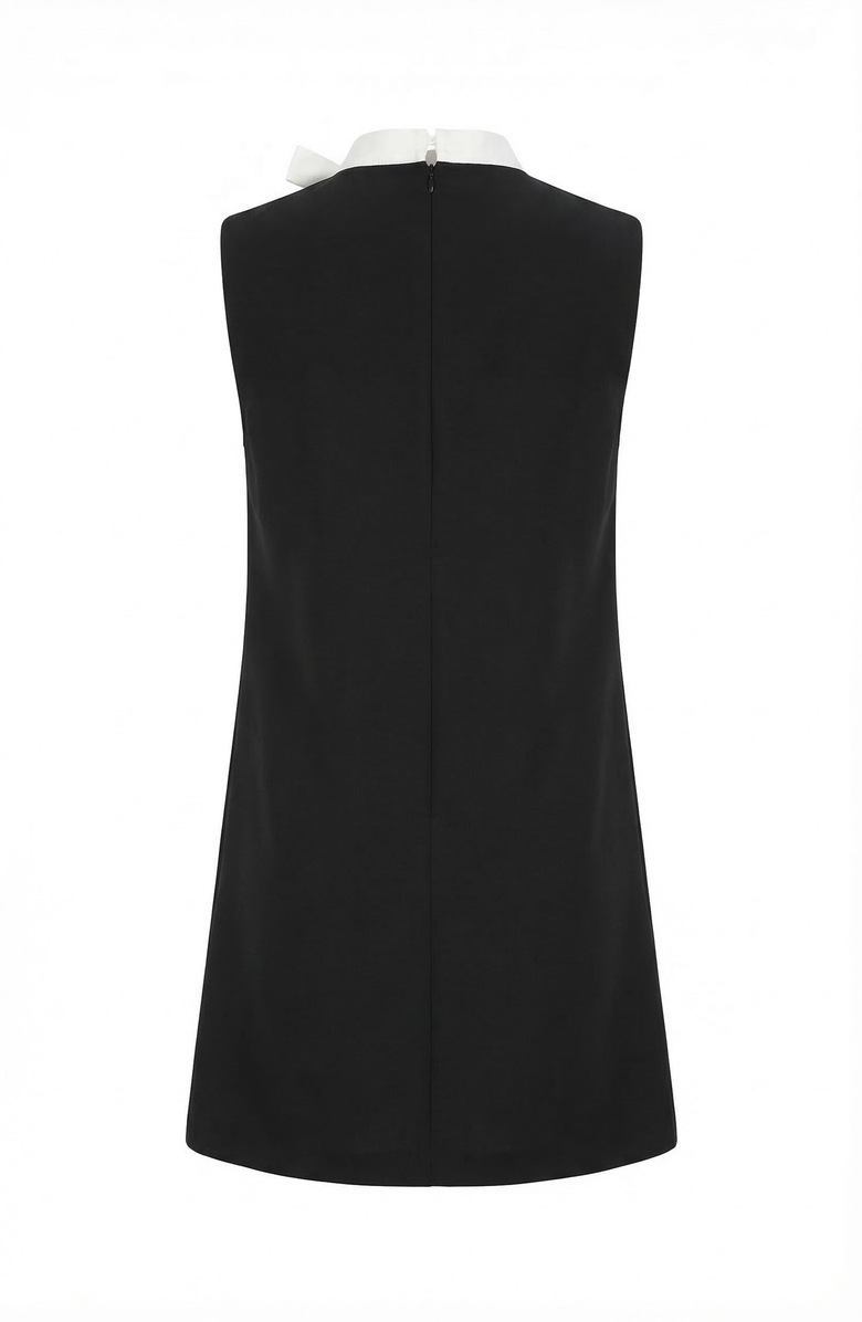 Modenaire Sleeveless Shift Dress with Contrast Tie Neck and Pleat Detail, Alternate, color, Black / White