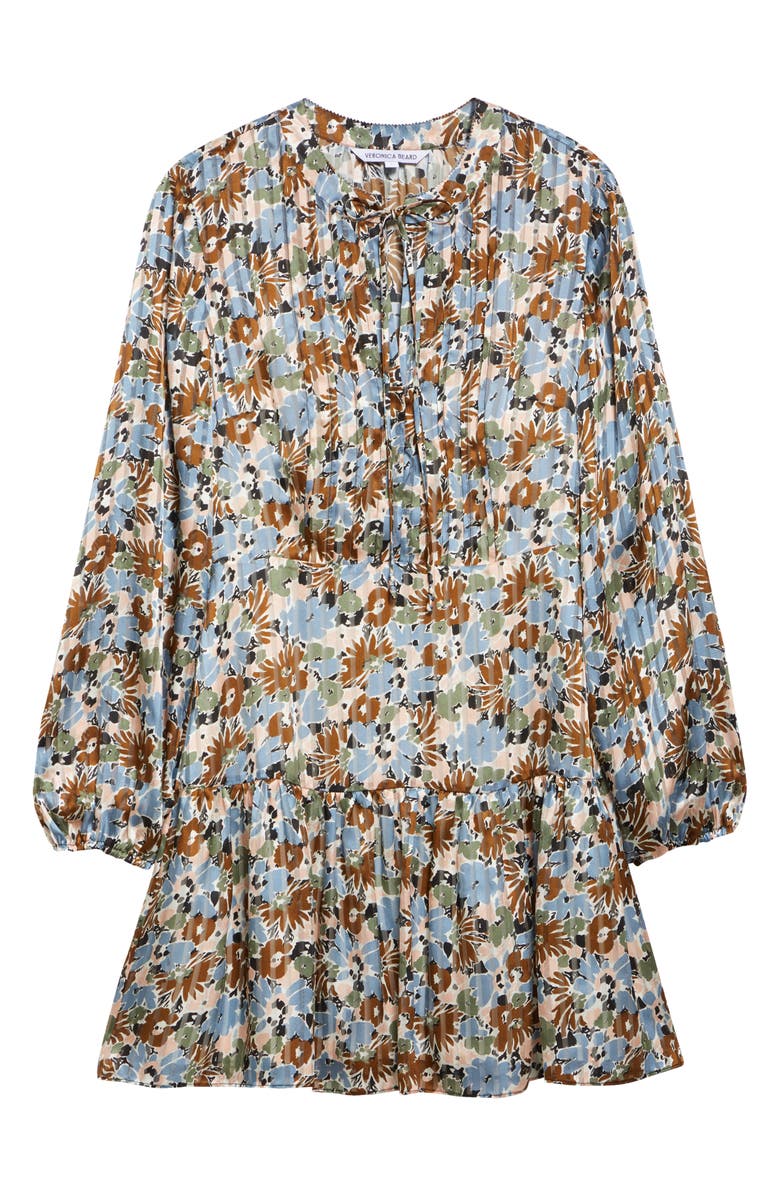 Veronica Beard Nyjah Floral Pintuck Long Sleeve Silk Minidress, Alternate, color, Lake Mist Multi