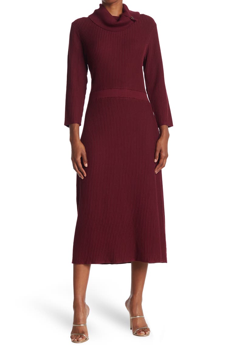 Cowl Neck Ribbed Knit Midi Dress, Main, color, WINE